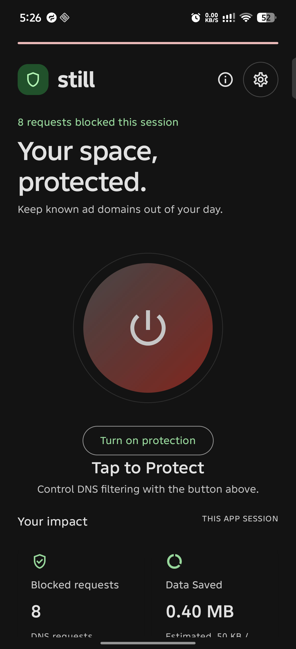 Actual Still Android app showing DNS protection controls and session statistics